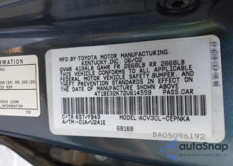 2002 Toyota Camry Le из США, поврежденный, VIN 4T1BE32K72U614559